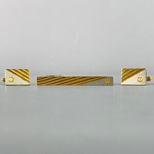 DUNHILL Gold Silver Engraved Metal Cuff Link Tie Clip Set